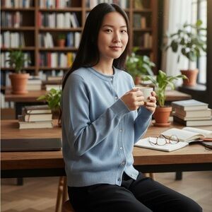 HAMPSHIRE STUDIO POWDER BLUE CARDIGAN Size XL Fine Knit Rhinestone Buttons